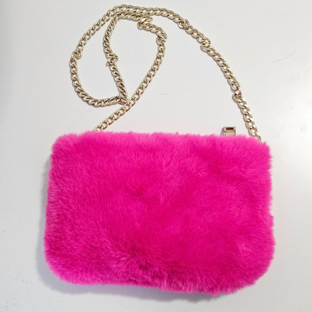 NWOT Faux Fur Clutch Crossbody Handbag Hot Pink